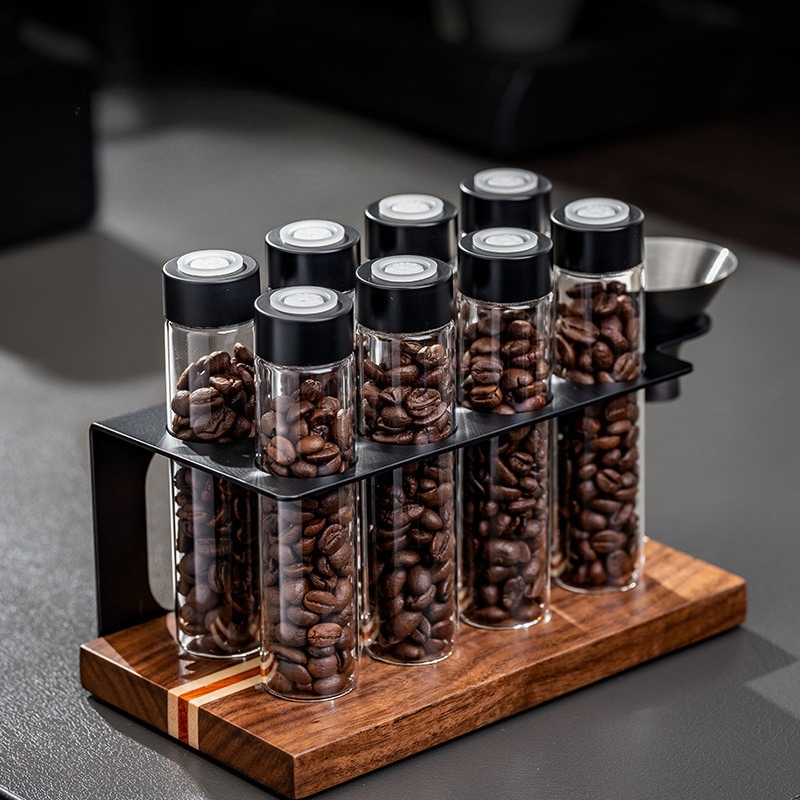 Kitchen Appliances Organizer - JUSTINLAU ガラス製コーヒー豆保存容器 気密1方向バルブ付き 木製ディスプレイラック ファンネル付き 木製キッチンオーガナイザー