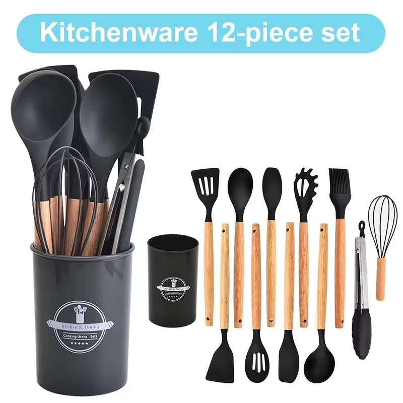 Kitchen Appliances Combo - 12個入りキッチン用品セット シリコン製スパチュラセット 木製ハンドル付き調理器具キット ホルダー付き 耐熱調理器具 キッチン用