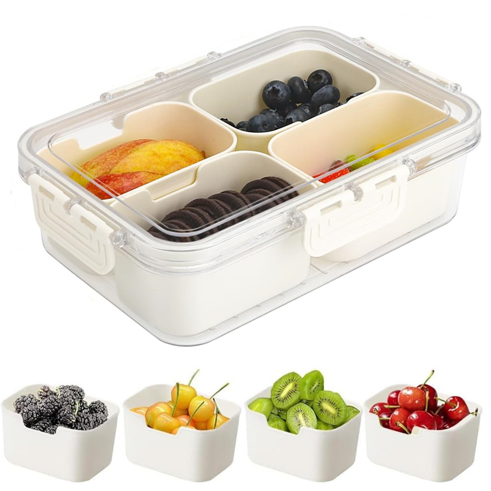 Kitchen Appliances Organizer - ポータブル食品保存箱、スナック収納ボックス、蓋付き4つのコンパートメント、独立したサービングトレイ、キッチン用スナックボックス、フルーツフードコンテナ