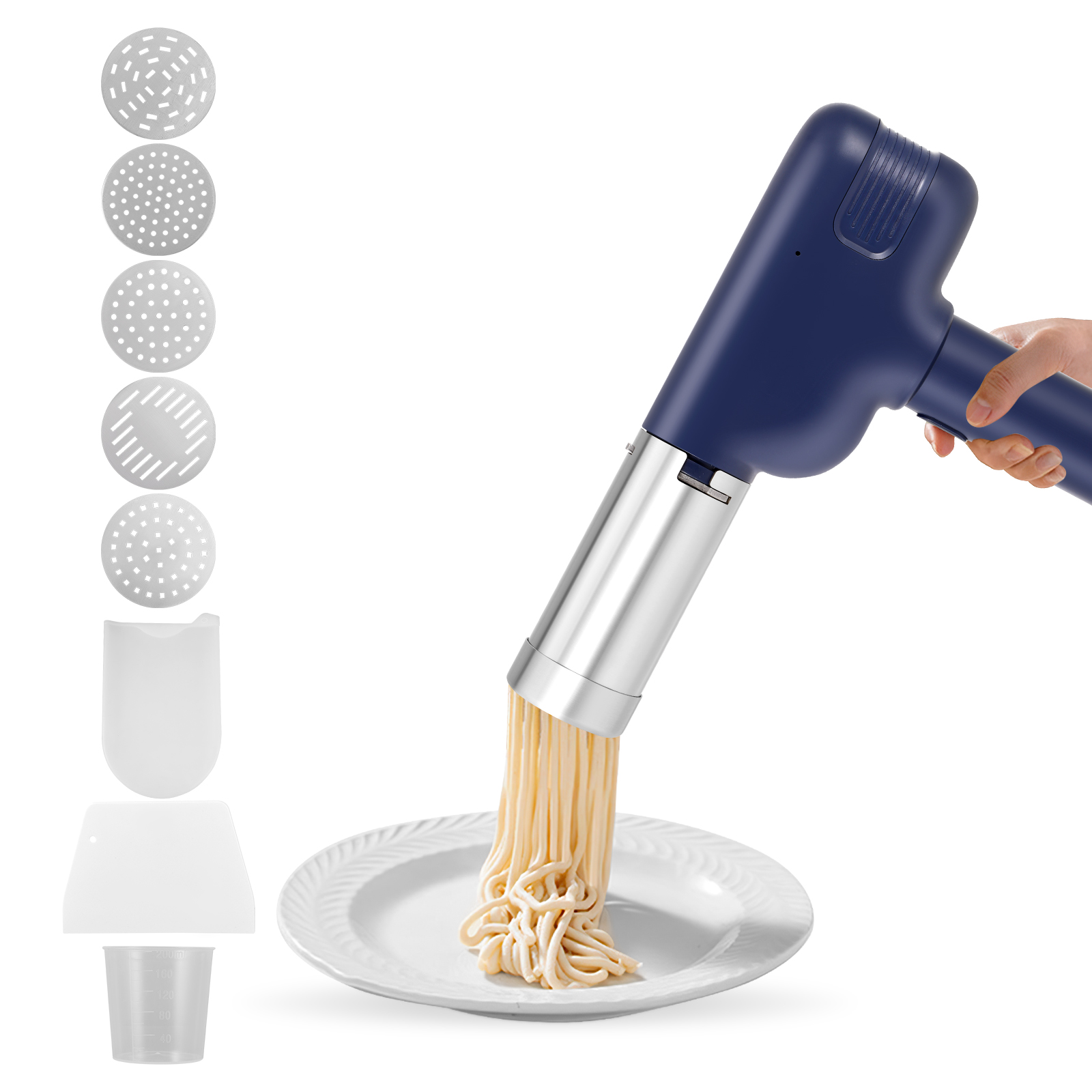 Pasta Machine Electric - ハンドヘルドポータブル電気パスタマシン 8 アタッチメント付き充電式パスタマシン製スパゲッティ/フェットチーネ