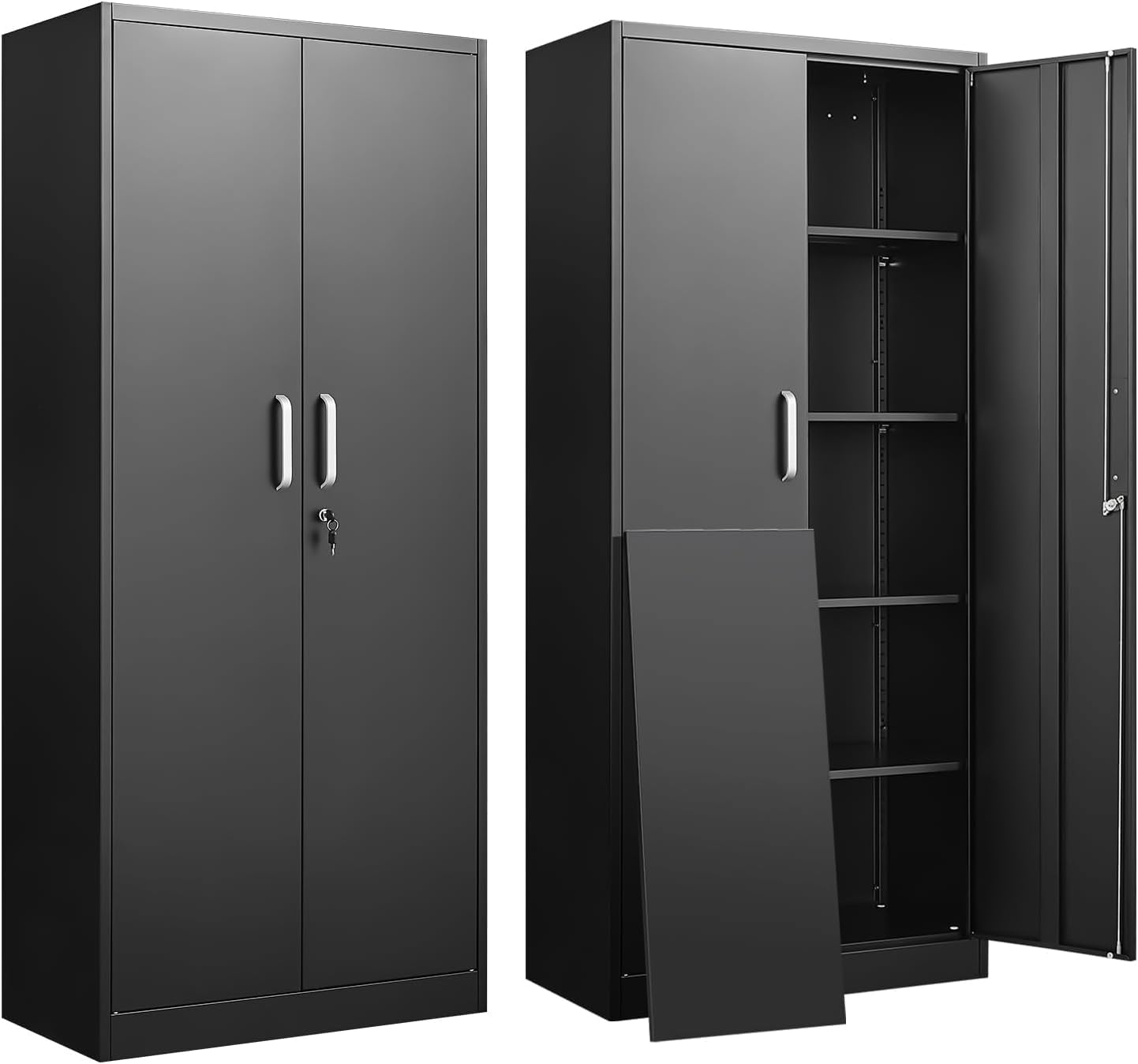 Kitchen Appliances Organizer - 調節可能な棚付き金属製収納キャビネット ドアと棚付きの黒いガレージキャビネット ホームオフィス用の大容量ファイルラック 背の高いキッチンパントリーロッカー ユーティリティ収納オーガナイザー