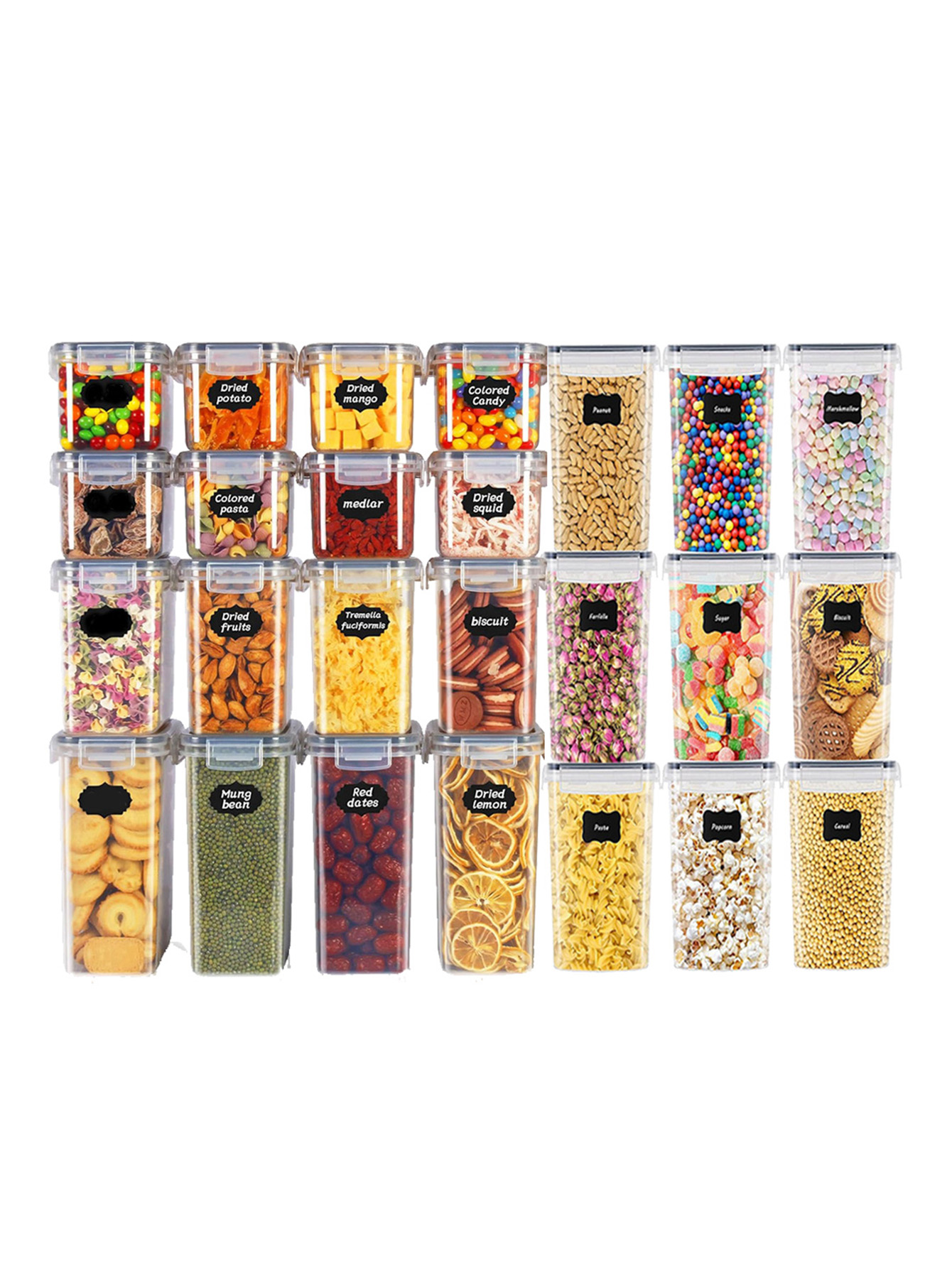 Kitchen Appliances Organizer - 48個入り、蓋付き密封食品保存容器、プラスチック製キッチンパントリー、乳糖、穀物、小麦粉、砂糖用の乾物保存瓶、ラベル付き