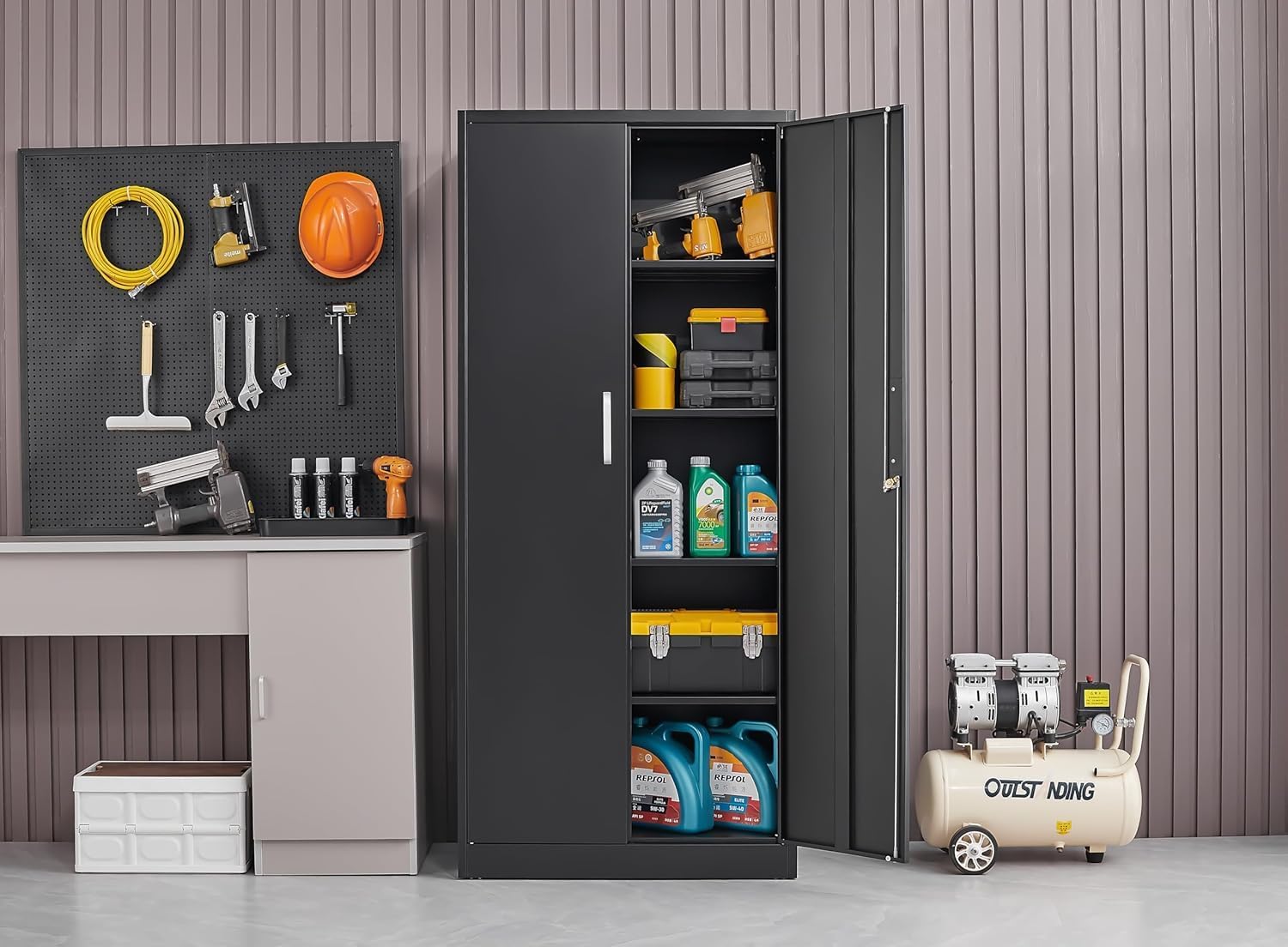 調節可能な棚付き金属製収納キャビネット ドアと棚付きの黒いガ - Kitchen Appliances Organizer のレビューと価格